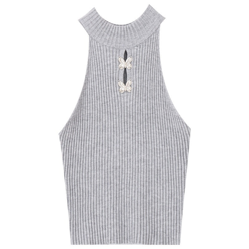 ABWLR_Solid_Cutout_Butterfly_Halter_Cropped_Slim_Women'S_Tank_Tops_MISSTT